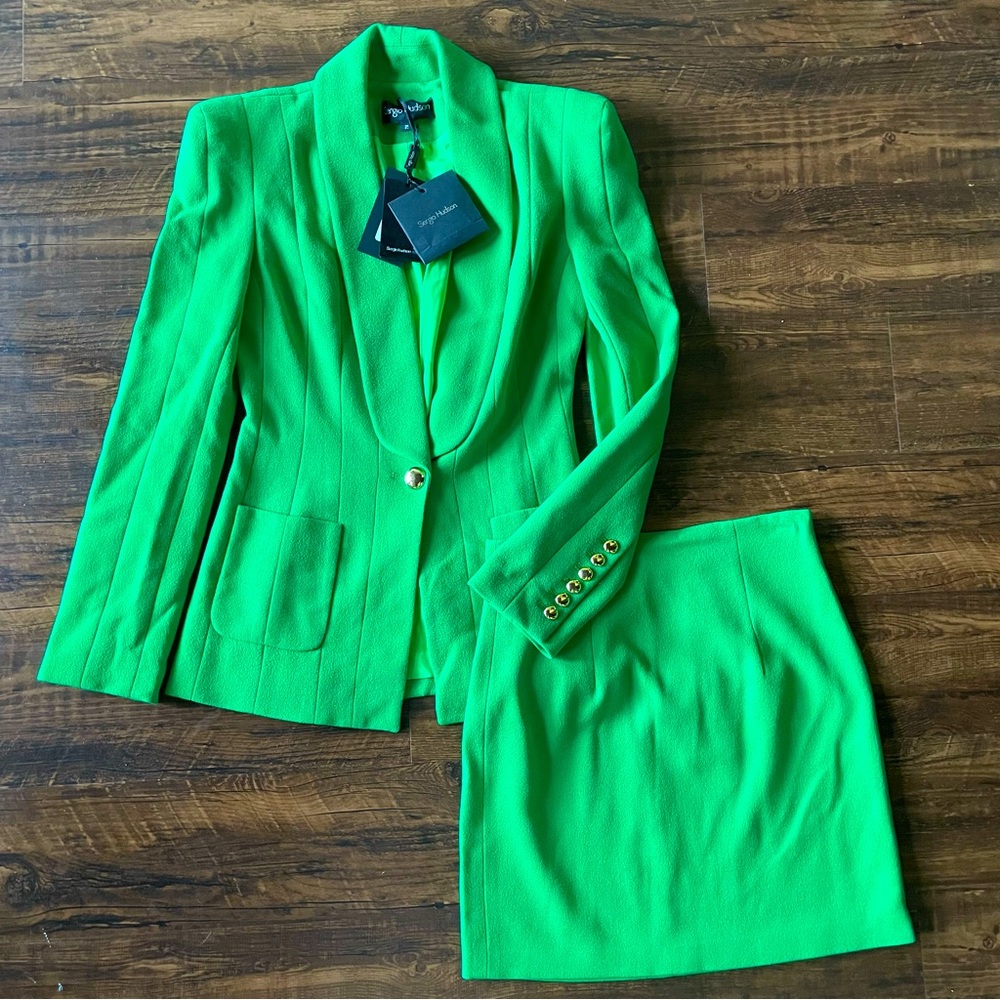 SERGIO HUDSON Stretch-wool crepe Bottega Green blazer and Skirt Suit Set - Picture 2 of 12